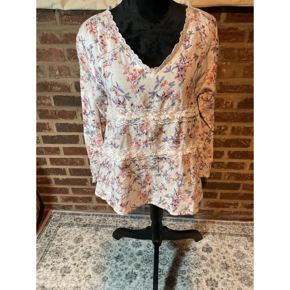 POL Floral Lace-Trim Peasant Blouse in White with Pink & Blue Flowers